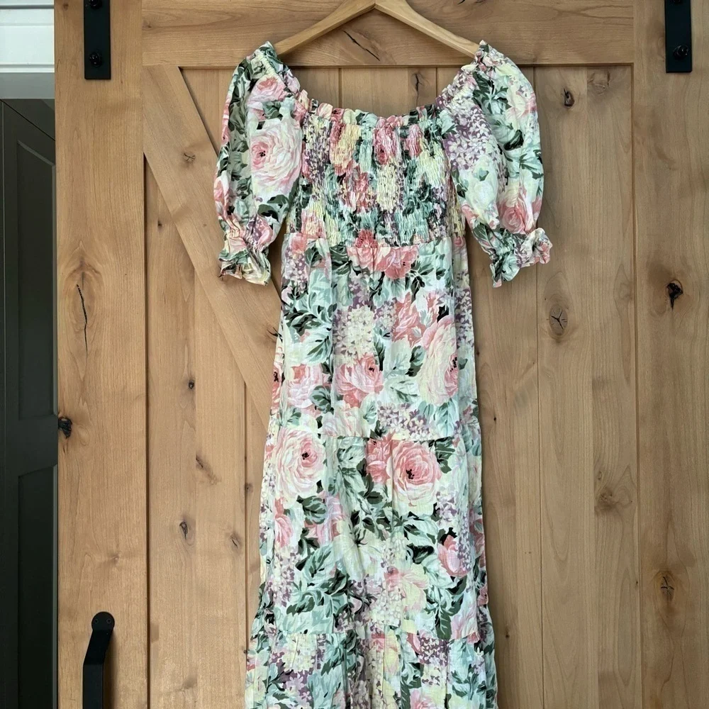 FAITHFULL THE BRAND De Christin Venissa Floral Print Midi Dress Size 4 Linen